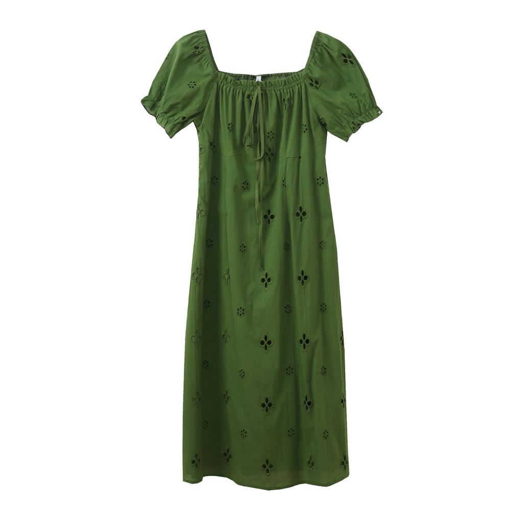 French Square Collar/one-word Shoulder Hollow Dress Women's Summer New Fat Mm Waist Medium and Long Dress 232263