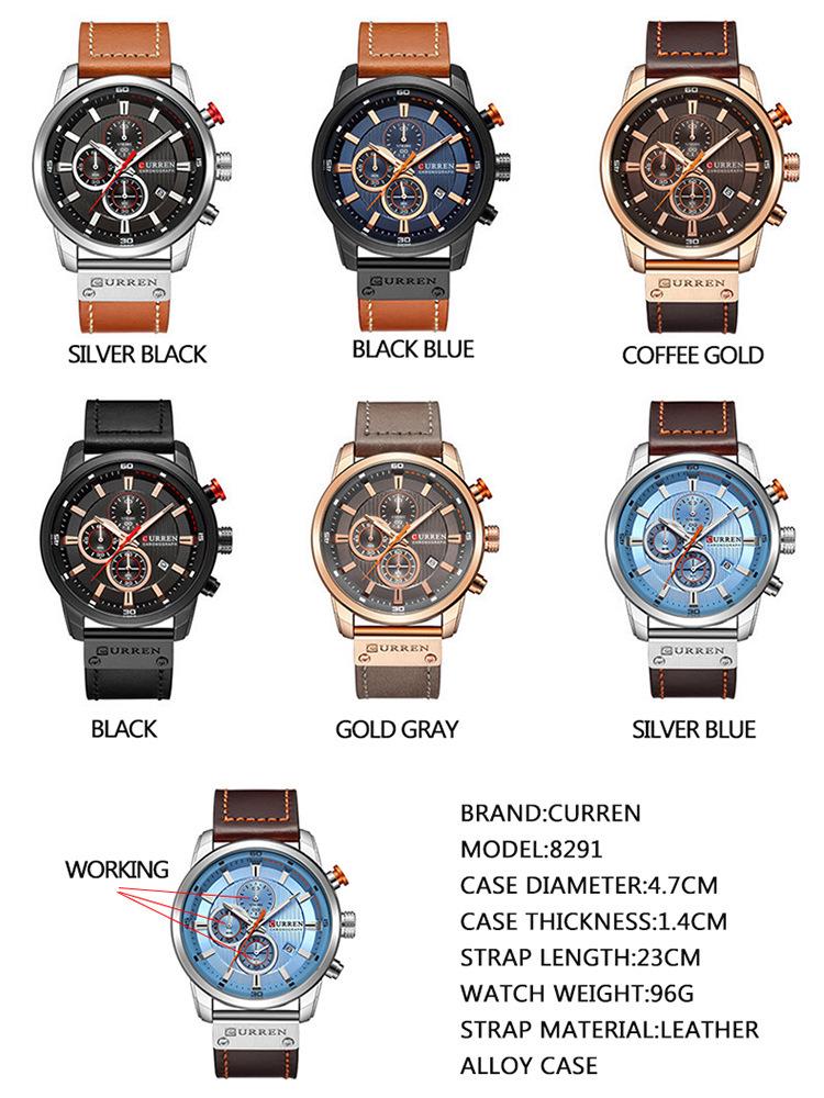 Curren 8291 Men's Multifunctional Leather Strap Watch with Six-Hand Calendar and Large Dial