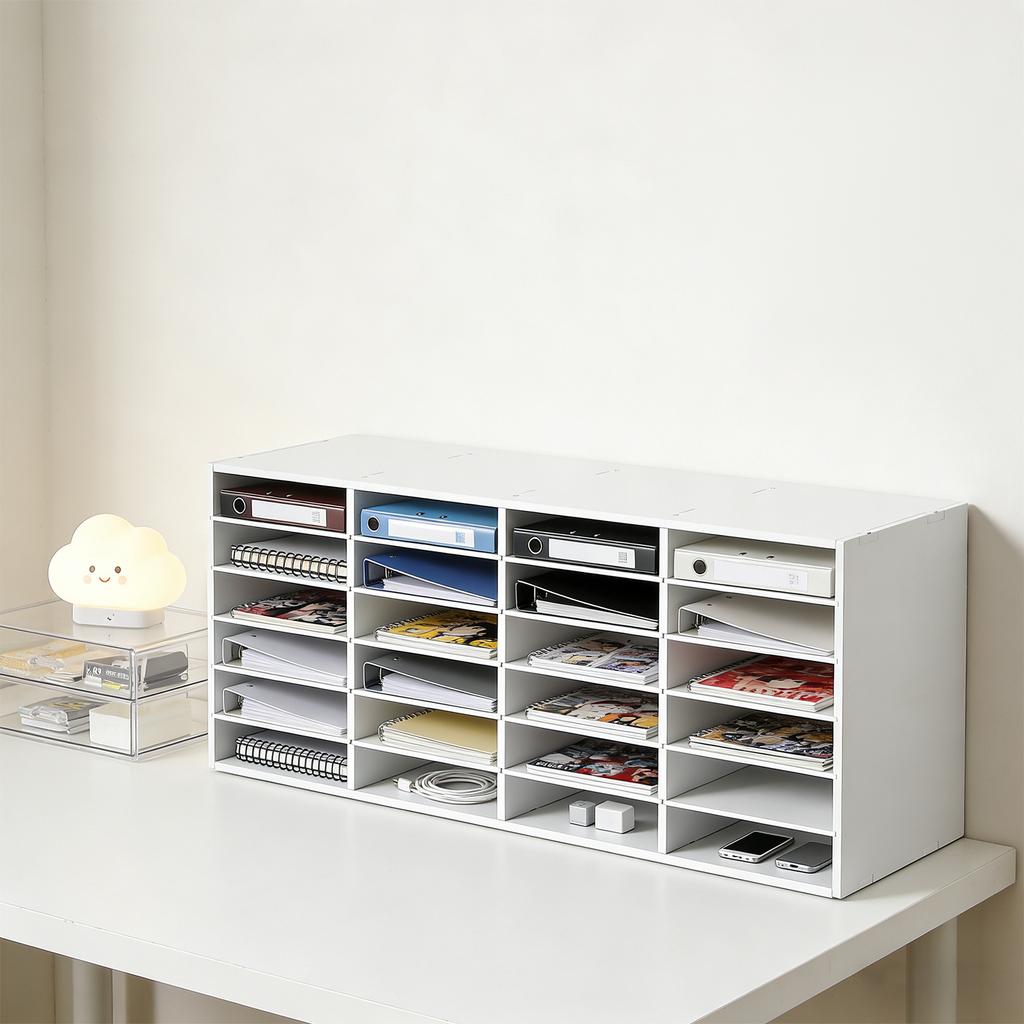 24-Slot Mail Sorter Organizer, White PVC Desktop File Sorter with Adjustable Shelves 6-Tier Stackable Document Holder for Office & Home