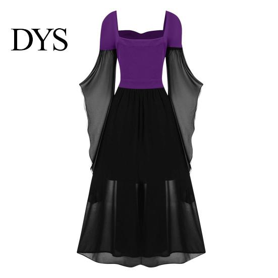 Wave Collar Dress Vinatge Women Irregular Horn Sleeve Solid Color A-line Big Hem Slim Square Neckline Waist Pleated Lace-up Strap Medieval Halloween