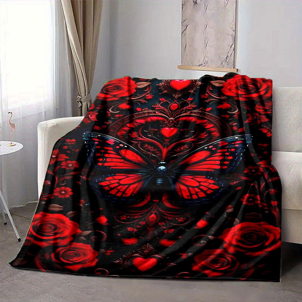 1pc Red Butterfly Roses Blanket Lightweight Flannel Blanket Throw Blanket For Sofa, Bed, Travel, Camping, Livingroom, Office, Couch, Chair, And Bed Yy