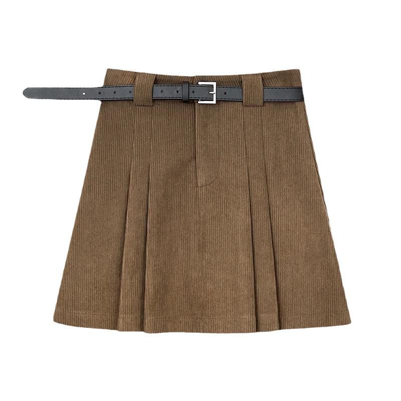 Women's Khaki Corduroy Pleated Midi Skirt: High Waist Petite A-Line, Autumn Winter 2025 Collection