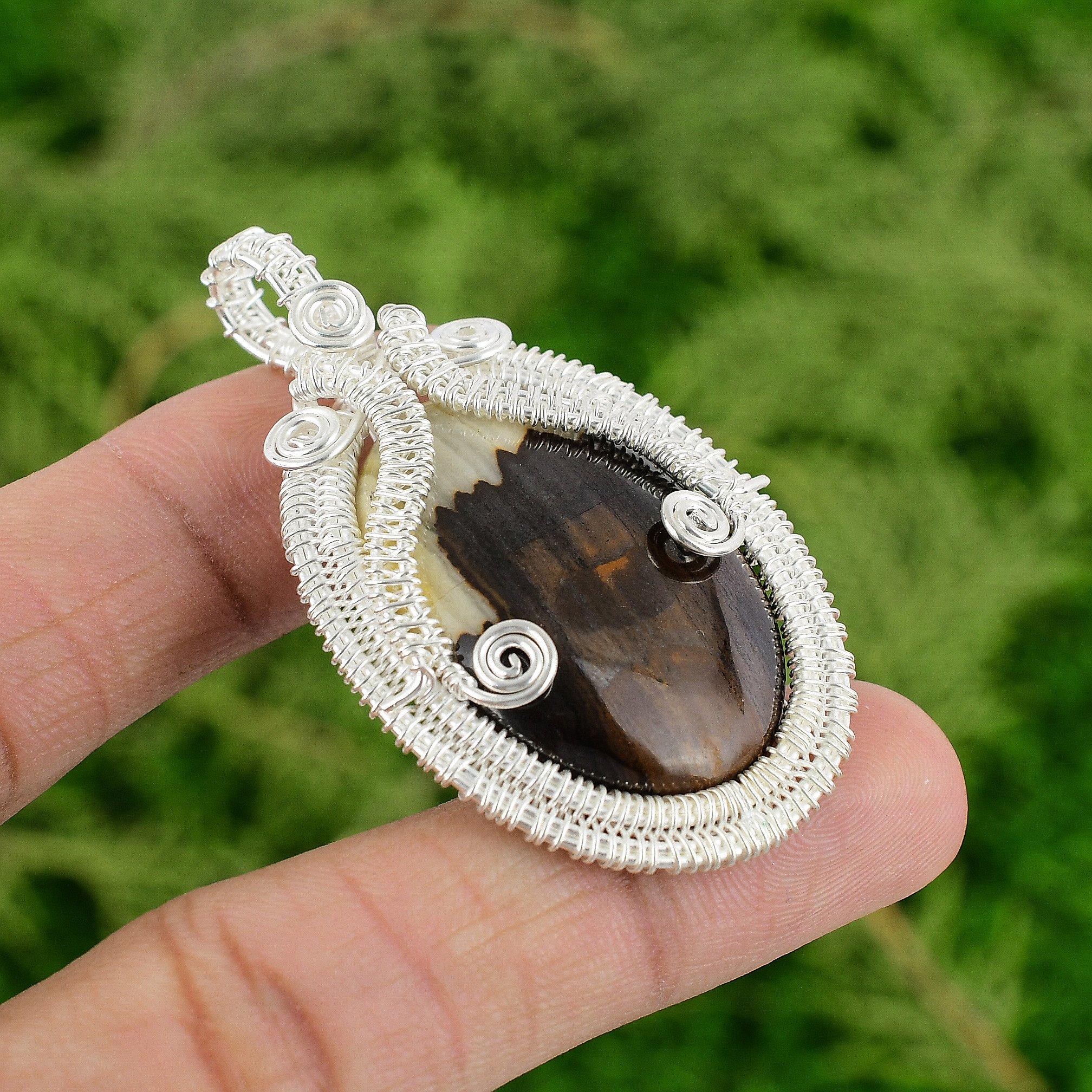 

Sterling Silver Peanut Wood Jasper Stone Unique Bezel Wire Wrap Pendant Jewelry