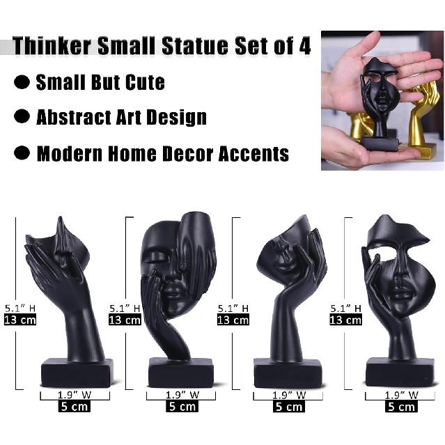 Black Abstract Thinker Figurine Set of 4, Home Art Face Small Statue for Accents Decor Women Bedroom Shelf Bookcase Room Desk, TV Stand, Coffee Table