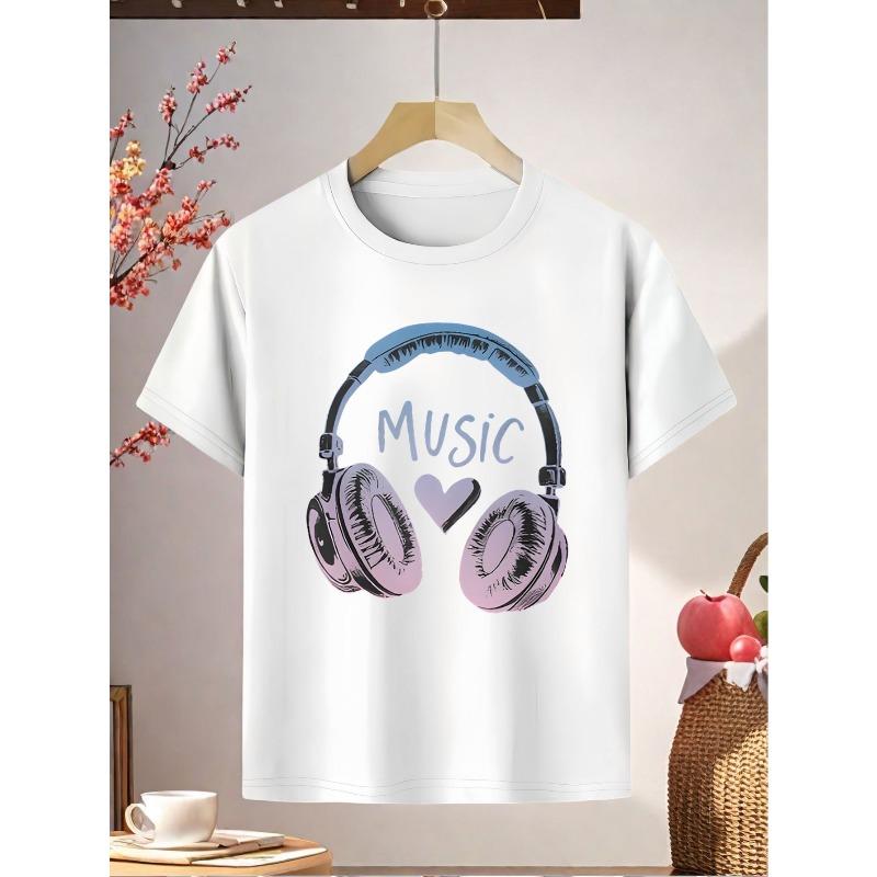 European sizes Music Theme Girls' T-Shirt - Soft  T-Shirt with Music Headphones Print, Perfect for Summer Casual Wear,