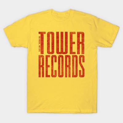 Men Black Print T-shirt Simple Tower Records Vintage No-Cut Transfer Paper Print Cotton Tshirt