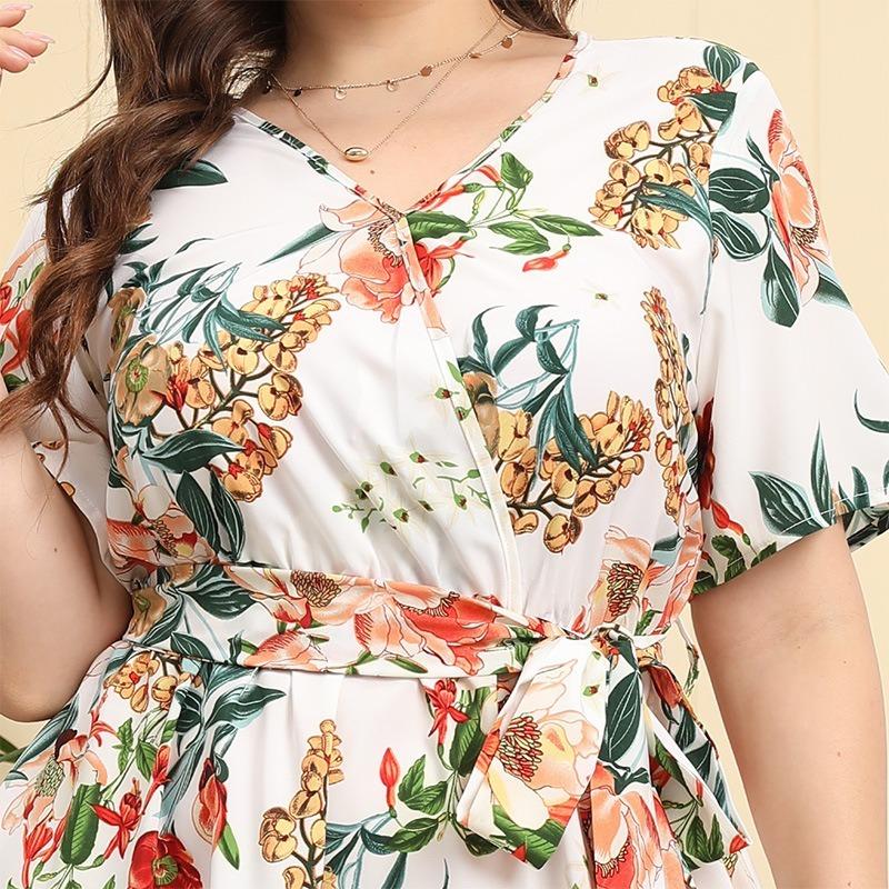 Summer Women Dress Short Sleeve High Waist V-Neck Midi Dress Plus Size Sexy Temperament Print Dress