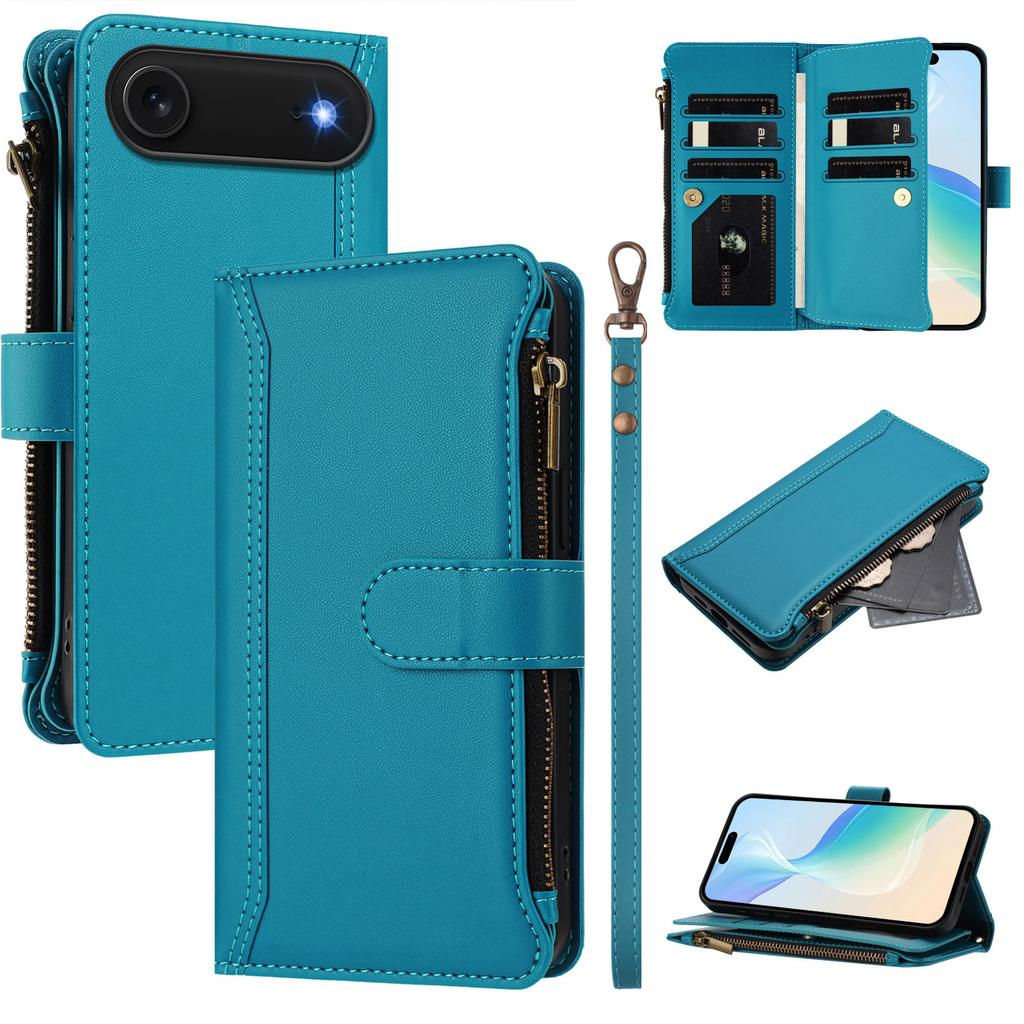 For iPhone 17 Air Leather Case 9 Card Slots Zipper Wallet Stand Phone Cover with Wrist Strap