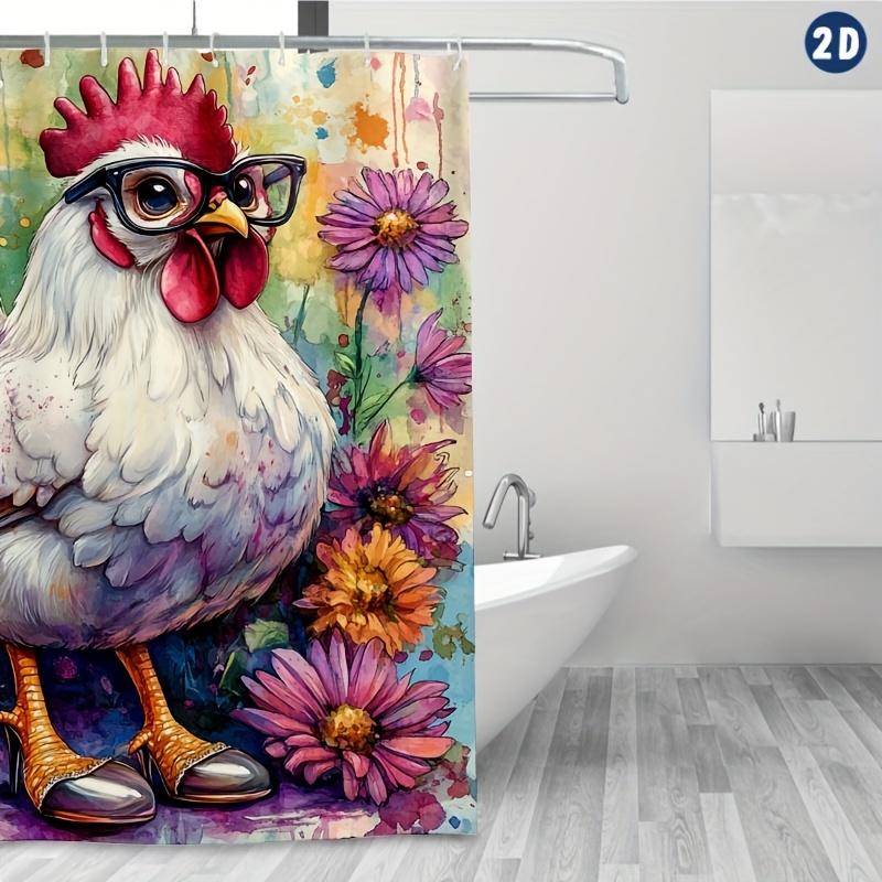 Whimsical Chicken Wearing Glasses & Floral Design Shower Curtain, Durable Polyester, Ideal for Vintage Bathroom Decor