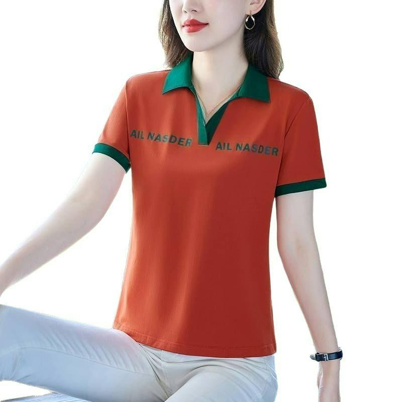 

Short-sleeved T-shirt Women s Summer POLO Shirt Loose Large Size Women s Lapel Western Style Clothes Simple Top 5XL помаранчевий