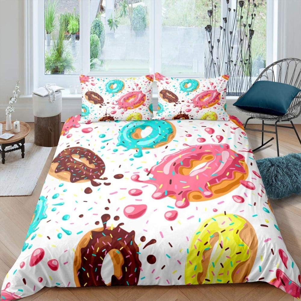 Donut Comforter Cover Dessert Duvet Cover Set Food Theme Quilt Cover Colorful Print Bedding Set For Child Boy Girl Bedroom Decor