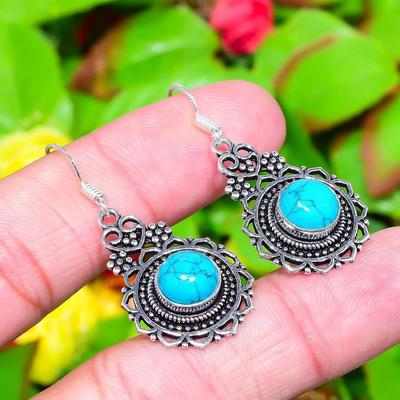 Doğal Santa Rosa Turkuazı Değerli Taş 925 Ayar Gümüş Küpe 1.77" o0Y13