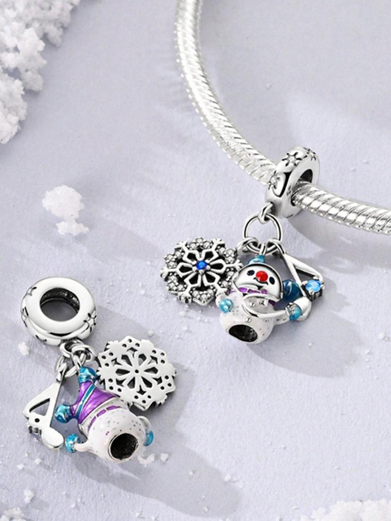 Copper Colors Winter Blue Snowflakesnow House Beads Charm Pendant For Original Bracelet For Women Diy Jewelry Love Gift