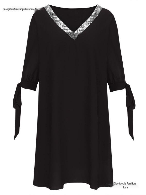 2026 Spring/Summer Plus Size Off-Shoulder V-Neck Sequin Chiffon Dress