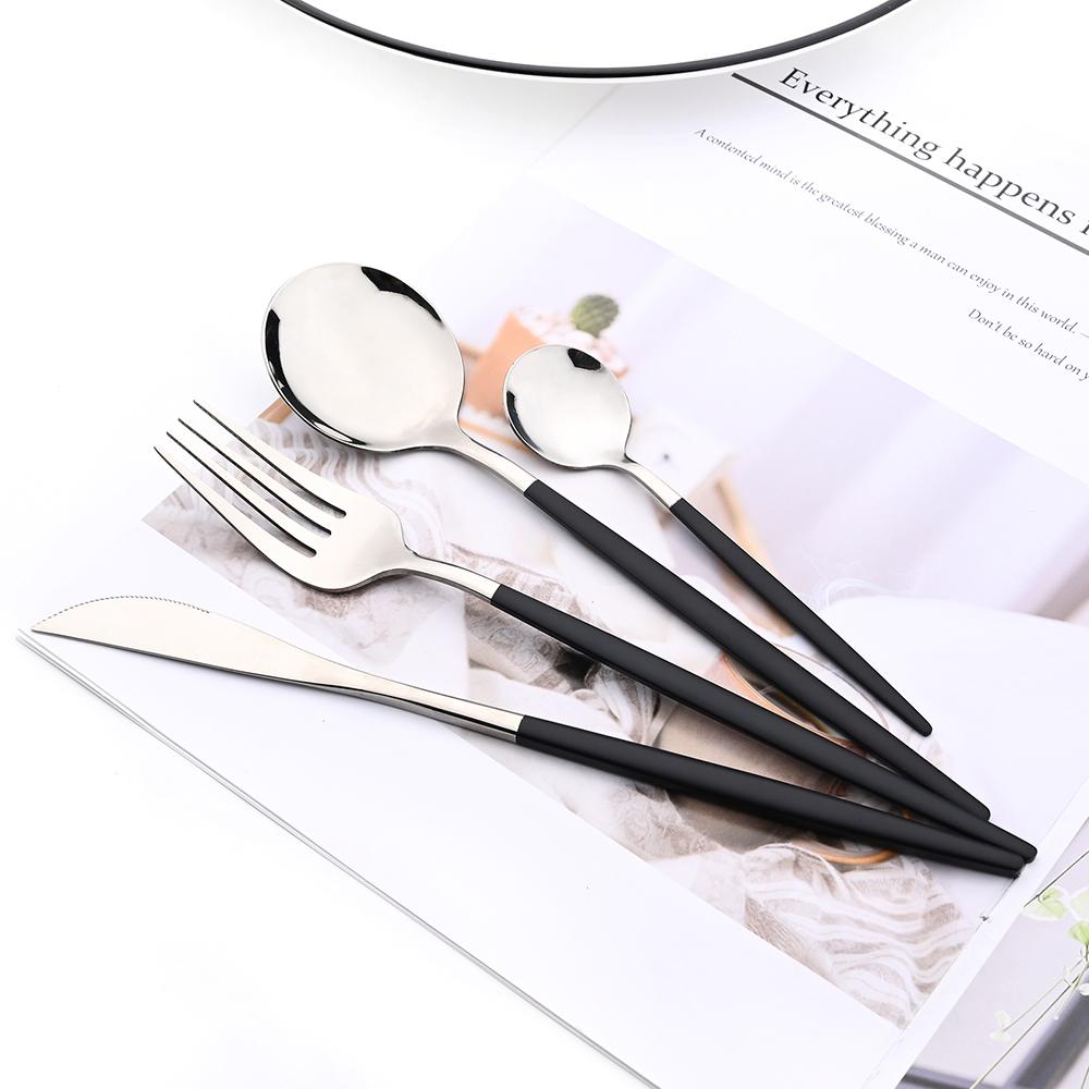 Black Silver 24pcs Stainless Steel Cutlery Set Fork Teaspoon Knife Silverware Mirror Dinnerware Flatware Kitchen Tableware Set