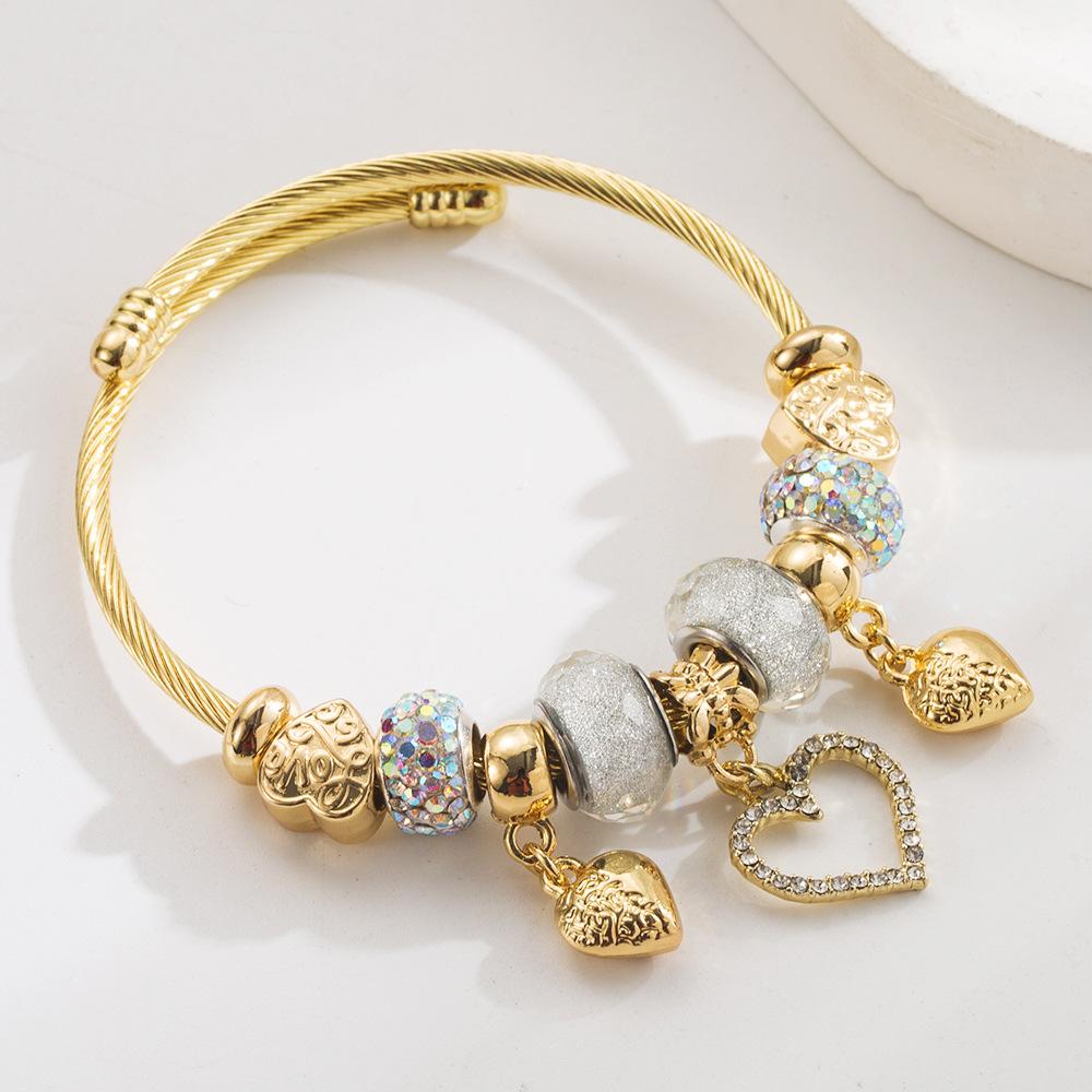Stainless Steel Bracelet with Crystal Wristband, Heart-shaped Pendant, Adjustable Opening. Charm Bracelet
