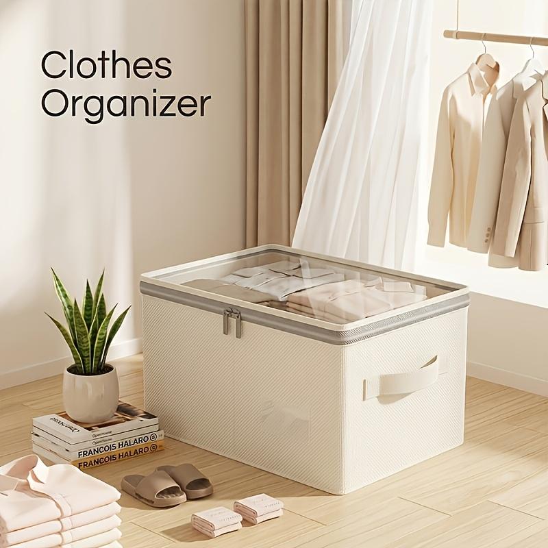 Linen Fabric Storage Box with Clear Window Collapsible Wardrobe Clothes Organizer Container with Lid Built In PP Board