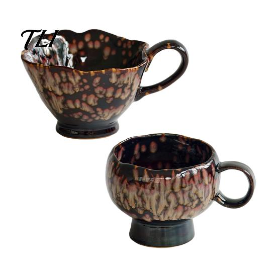 Vintage Style Afternoon Tea Mug Ceramic Coffee Mug, Reactive Glaze Latte Cup with Flow Pattern, Heat Resistant Hot Chocolate High Footed for