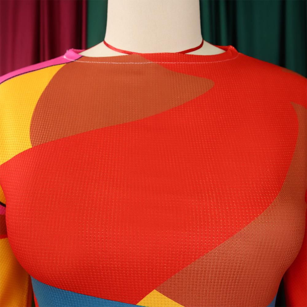 YYFS Damenmode Frühling Herbst Farbblockdruck Langarm O-Ausschnitt Hohe Taille Freizeitkleider