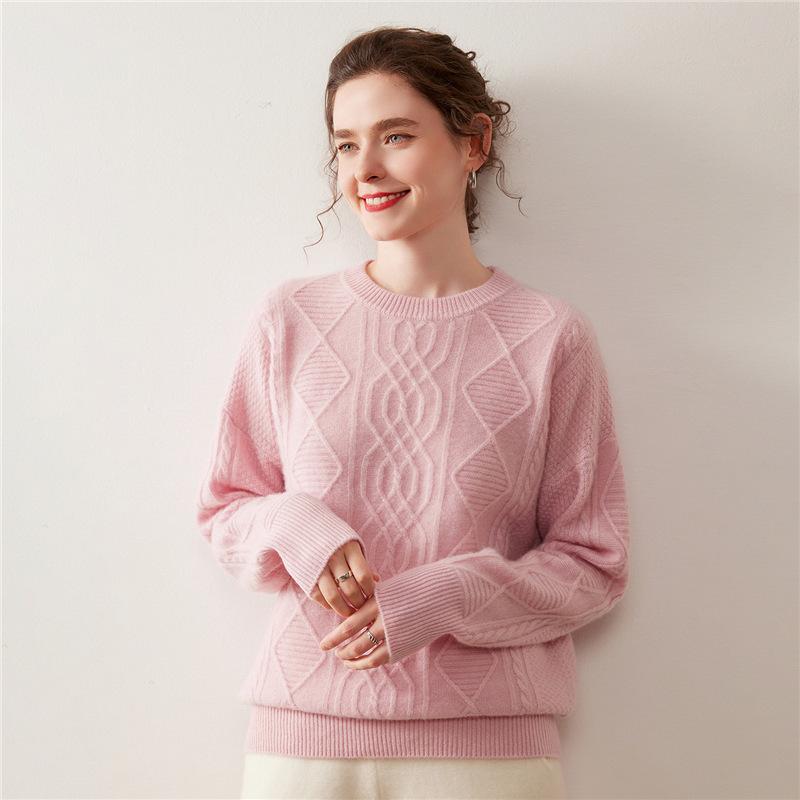 Efterår/Vinter 3D Diamant Flettet Cashmere Sweater - Dame Rund Hals, Langærmet, Ensfarvet, Varm & Komfortabel