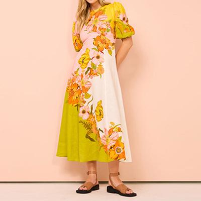 Kadın İlkbahar Yeni Stil Etnik Stil Baskılı Moda Kabarık Kollu Slim Fit Elbise