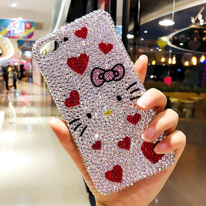 Cute KT Cat Full Diamond, Suitable for Apple 17ProMax Mobile Phone Case, Apple 16 Love Flash Diamond 15 Protective Case, Women's Model.