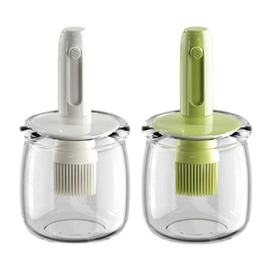 Glass Oil Bottle Silicone Brush Integrated Oil Pot Vinegar Jar Easy-Fill Wide Mouth Oil Dispenser for Barbecue Frying Baking Cooking