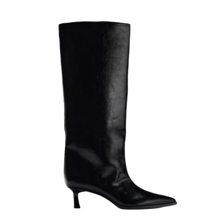 Zara Pu Simple Versatile Wide Calf Pointed Toe Kitten Heel Knee High Boots 5cm Women Boots Black 13016410