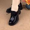 Women's shoes mid-heel  black soft leather deep mouth casual patent leather thick heel lace-up loafers