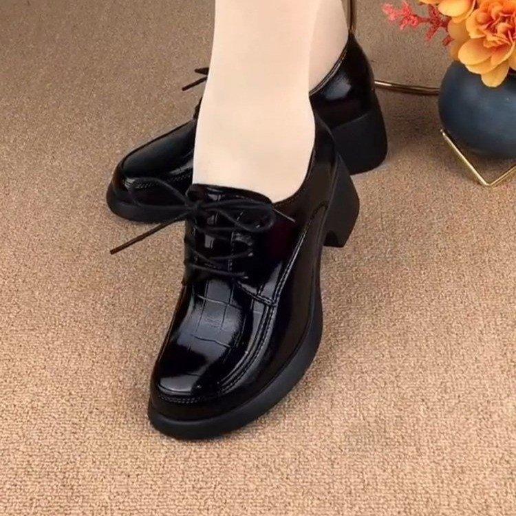 Women's Shoes Mid-heel  Black Soft Leather Deep Mouth Casual Patent Leather Thick Heel Lace-up Loafers