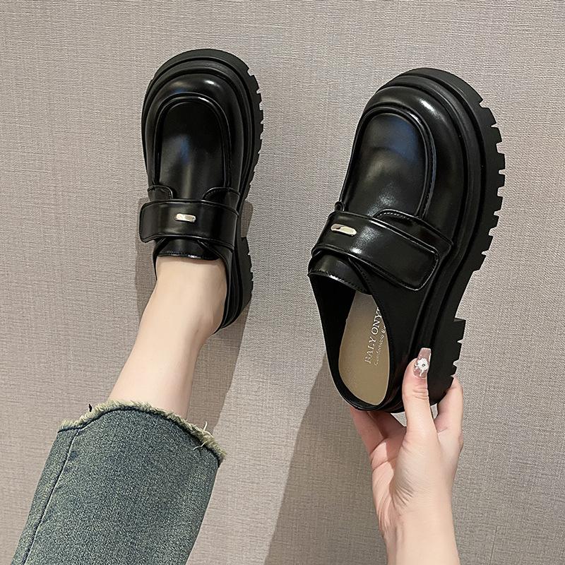 

British style loafers women s bag head half slippers summer new Velcro one pedal heelless small leather shoes sandals 40 чёрный