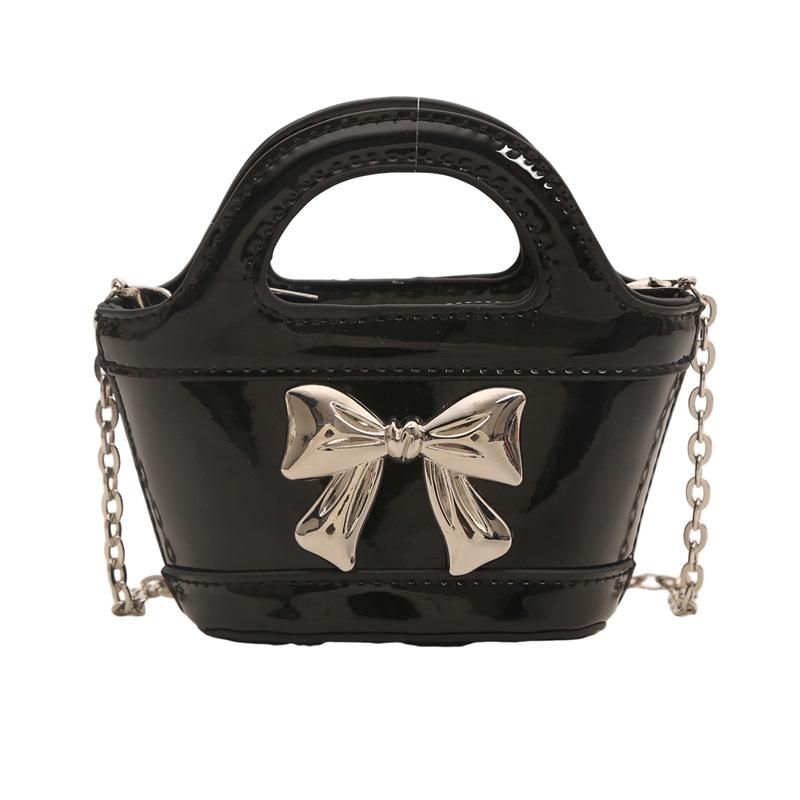 2024 Shiny Patent Leather Mini Basket Crossbody Bag with Laser Chain for Kids and Women