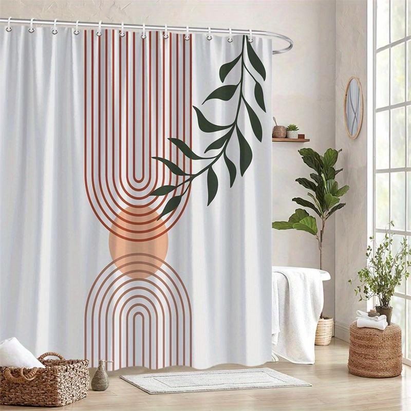 1 Peach Sphere And Leaf Pattern Shower Curtain With Hooks, Machine Washable, Polyester Fabric, Suitable For Modern Bathrooms