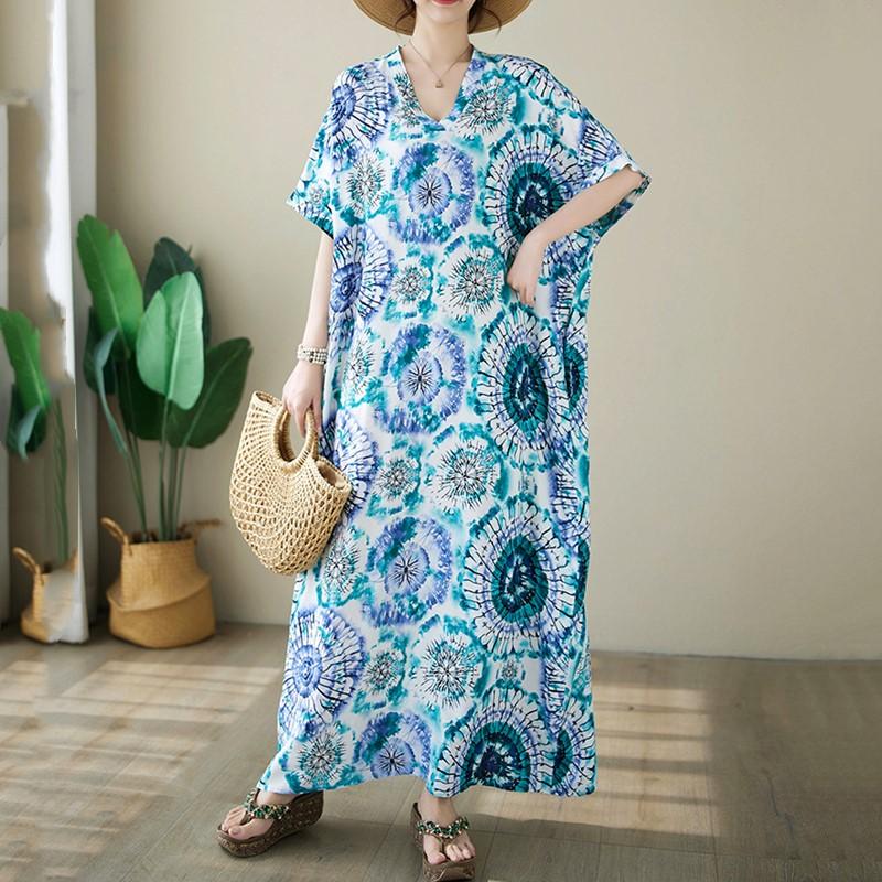 Short Sleeve Plus Size Cotton Satin Vintage Floral New In Dresses for Women Casual Loose Long Summer Dress