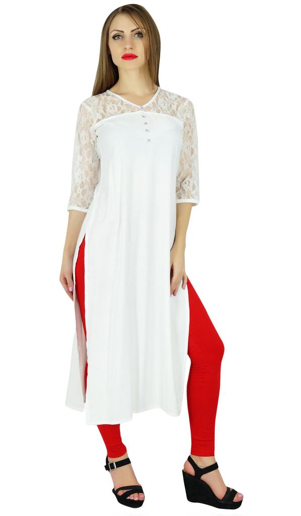 Bimba Women White Rayon Kurta Kurti Lace Sleeves Summer Day Tunic Blouse