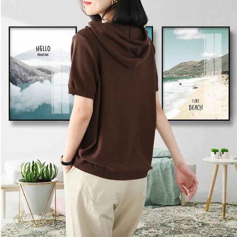 T-shirt for Women Summer Large Size Cotton Hooded Knit Short Sleeve Top Soft Loose Casual Comfortable Pullover T-shirt Top