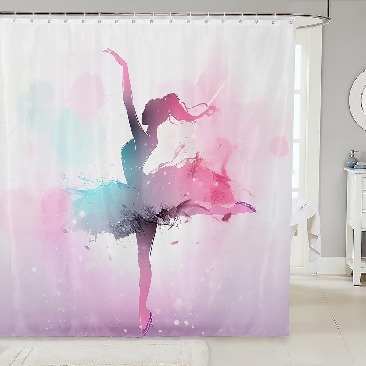 

Ballet Dancer Shower Curtain Watercolor Dance Art Pink Purple Design Bathroom Decor Linen150X160 W60H190(CM)-1 Pcs
