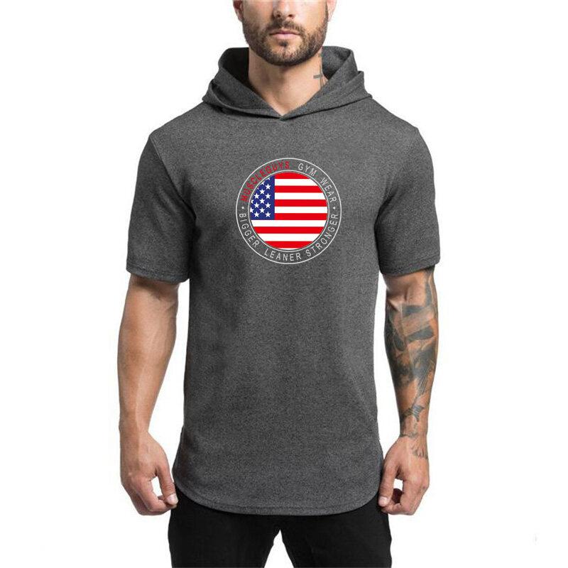 Muscleguys New Summer Bodybuilding T-shirt Hooded Men Gyms Sweatshirts Short Sleeve Tshirt Cotton Sportwear Fitness Muscle Tee Shirt
