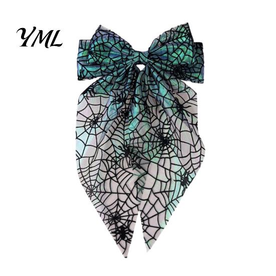 Holiday Themed Hair Accessories for Women Halloween Bow Clip Girls, Spider Web Barrettes Chic Satin Bows with Streamers Clips, Large Bowknot