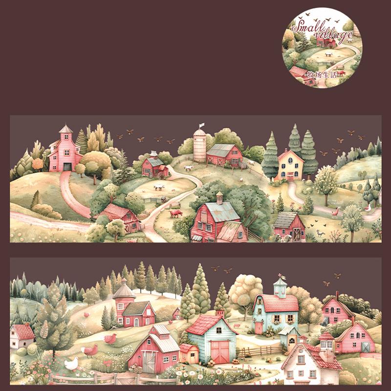 1 Roll/bag Landscape Tape PET Small Village Series House Landscape Hand Account Base Material DIY Decoration Card Gift Sticker