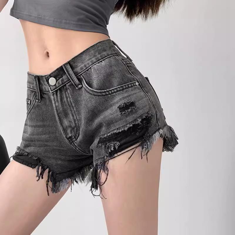 Girls  Summer 2025 Irregular Ripped Denim Shorts - Trendy, Sexy Outfit L