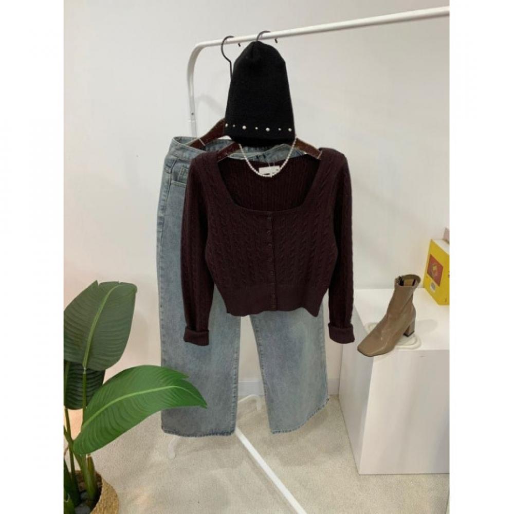 C S In The Room Solma Cable Square neCk Long Sleeve Knit Cardigan 6 Color