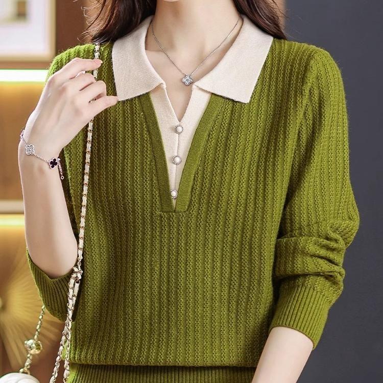 2in 1 Colorblock Collared Knitted Pullover, Casual Long Sleeve Button Front Top for Spring & Fall, Women's Clothing