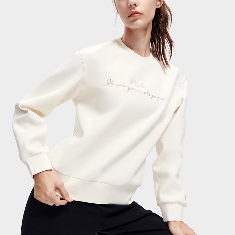 FILA Athletics Solid Basic Crew Neck Simple Sports Knit Pullover Long Sleeve Sweatshirt Women sweatshirt Egrets-White A11W311203F-WT