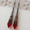 Gothic Victorian Sliver Color Filigree Red Glass Crystal Cone Dangle Earrings for Women Halloween Party Witch Magic Jewelry Gift