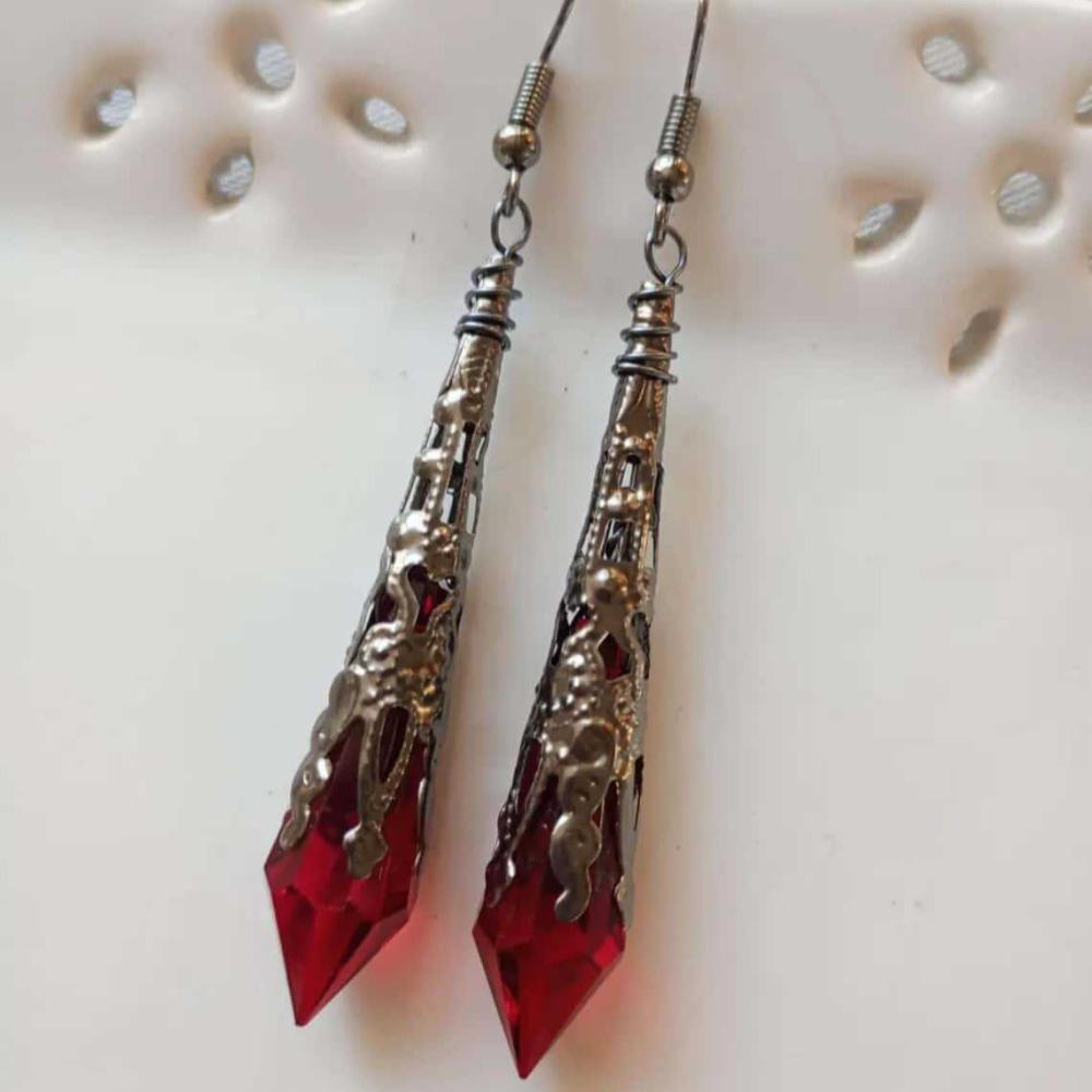 Gothic Victorian Sliver Color Filigree Red Glass Crystal Cone Dangle Earrings for Women Halloween Party Witch Magic Jewelry Gift