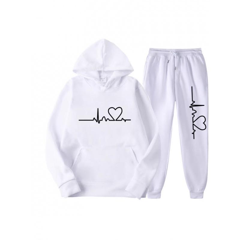 Unisex Trendy Heart Pattern Plus Velvet Hoodie Set for Autumn and Winter
