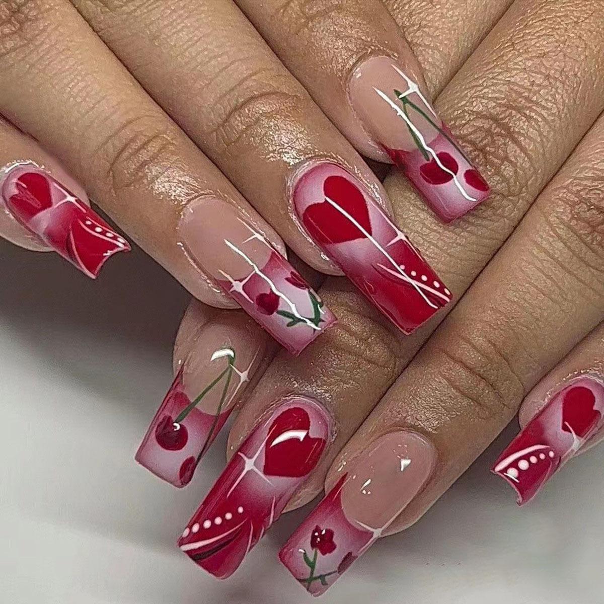 Rose Red Heart & Cherry Blossom Fake Nails - European & American Wearable Nail Art Tips