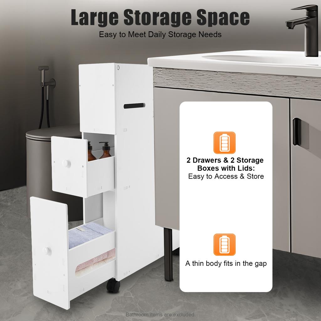 Slim Bathroom Storage Cabinet 3 Layer Narrow Cupboard with Drawers Storage Freestanding Organizer with Wheels for Bathroom