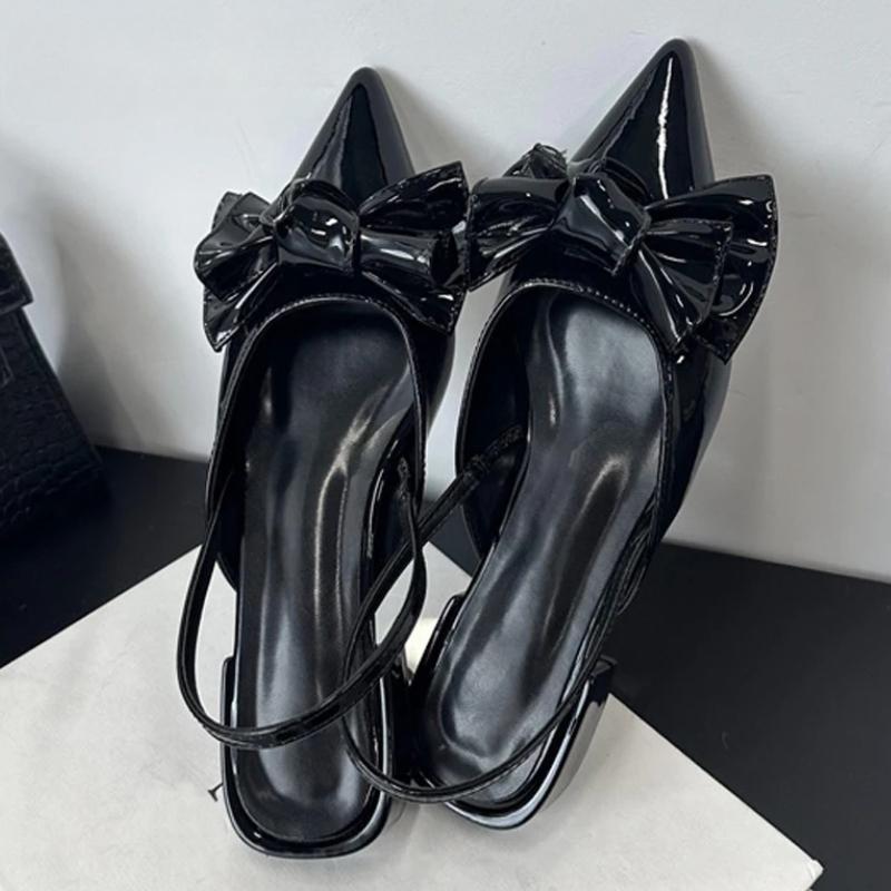 

Дизайнерские сандалии-балетки с бантом, женские, сексуальные, с острым носком, без задника, на квадратном каблуке, туфли для платья, новая мода, для вечеринки, с ремешком на пятке, брендовые туфли-лодочки 43 чёрный
